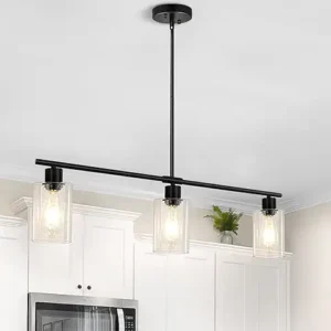 KMaiPem Kitchen Island Lighting, 3 Lights Black Linear Chandelier with Glass Shade, Industrial Kitchen Pendant Lighting Over Island, Modern Chandelier for Dining Living Room Bar Pool Table Light